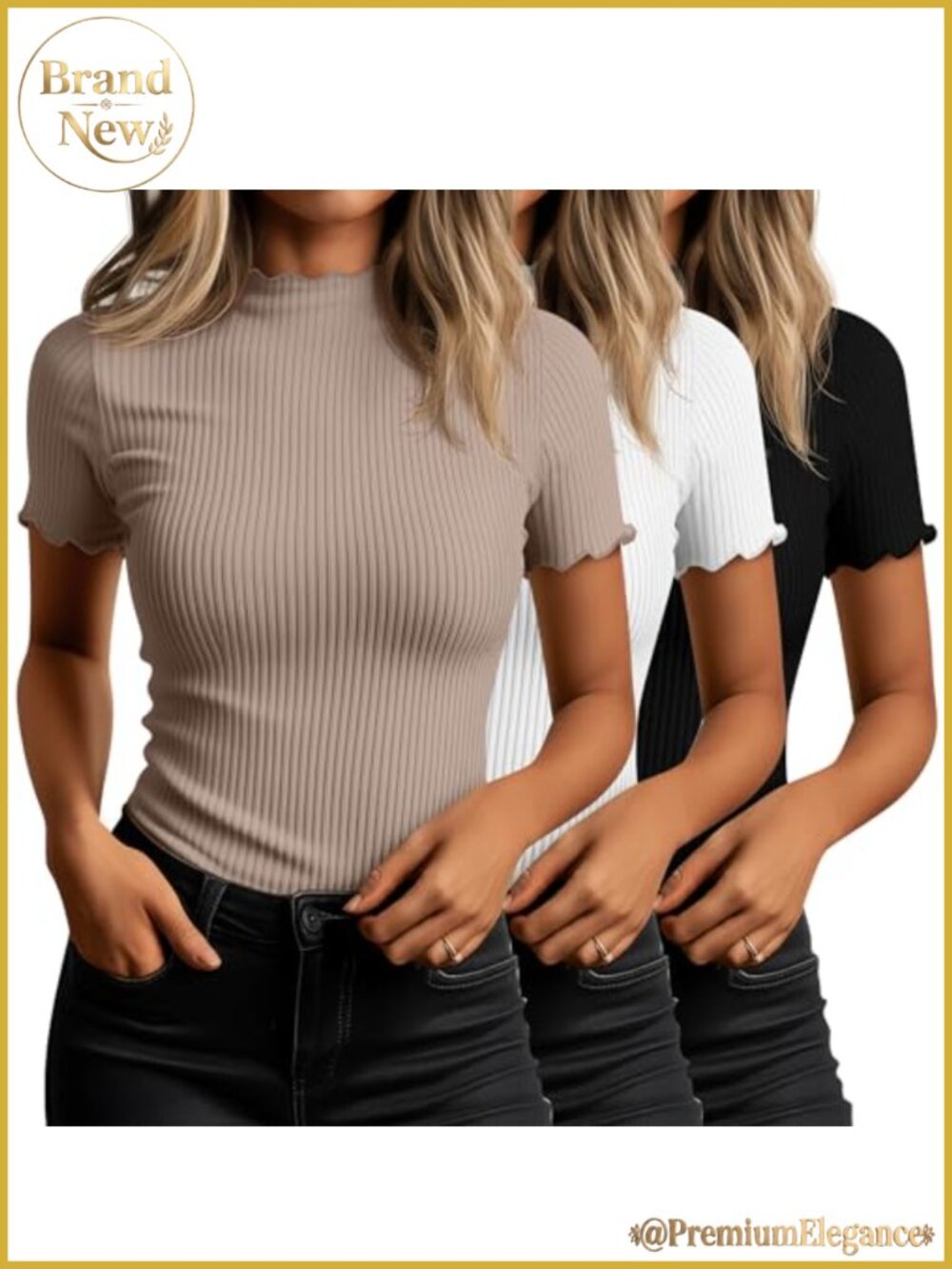 Women's Mock Turtleneck Tops Short Sleeve Ribbed Knit Lettuce Trim Slim Fit